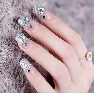 Silver Glittery and Rhinestones Press on Fake nails